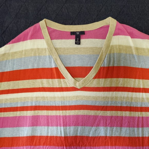Y2K GAP Striped Yellow Pink Orange Vneck Sweater Large Stretch Cotton Blend - Picture 2 of 5